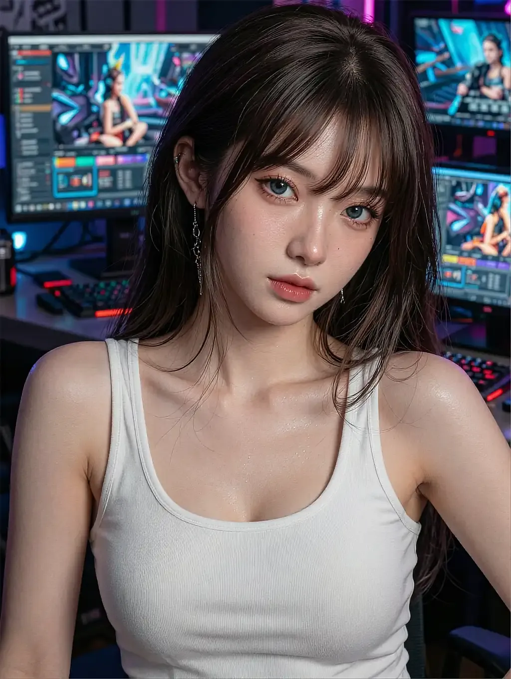 Fictional AI character featured on the second landing page, at a desk