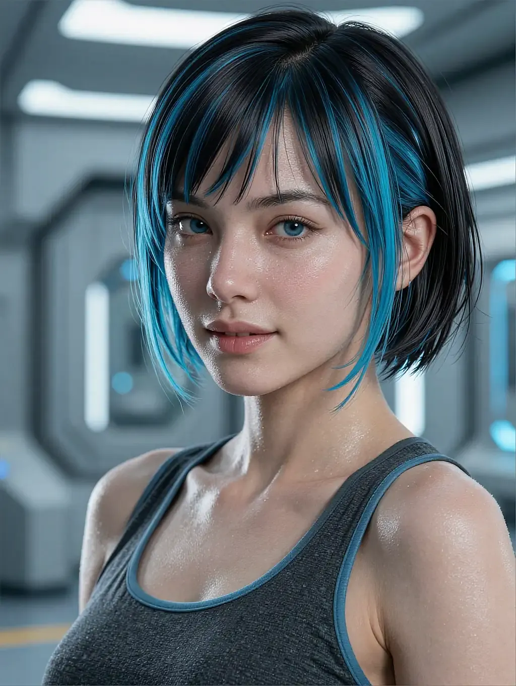 Fictional AI character featured on the fourth landing page, at night
